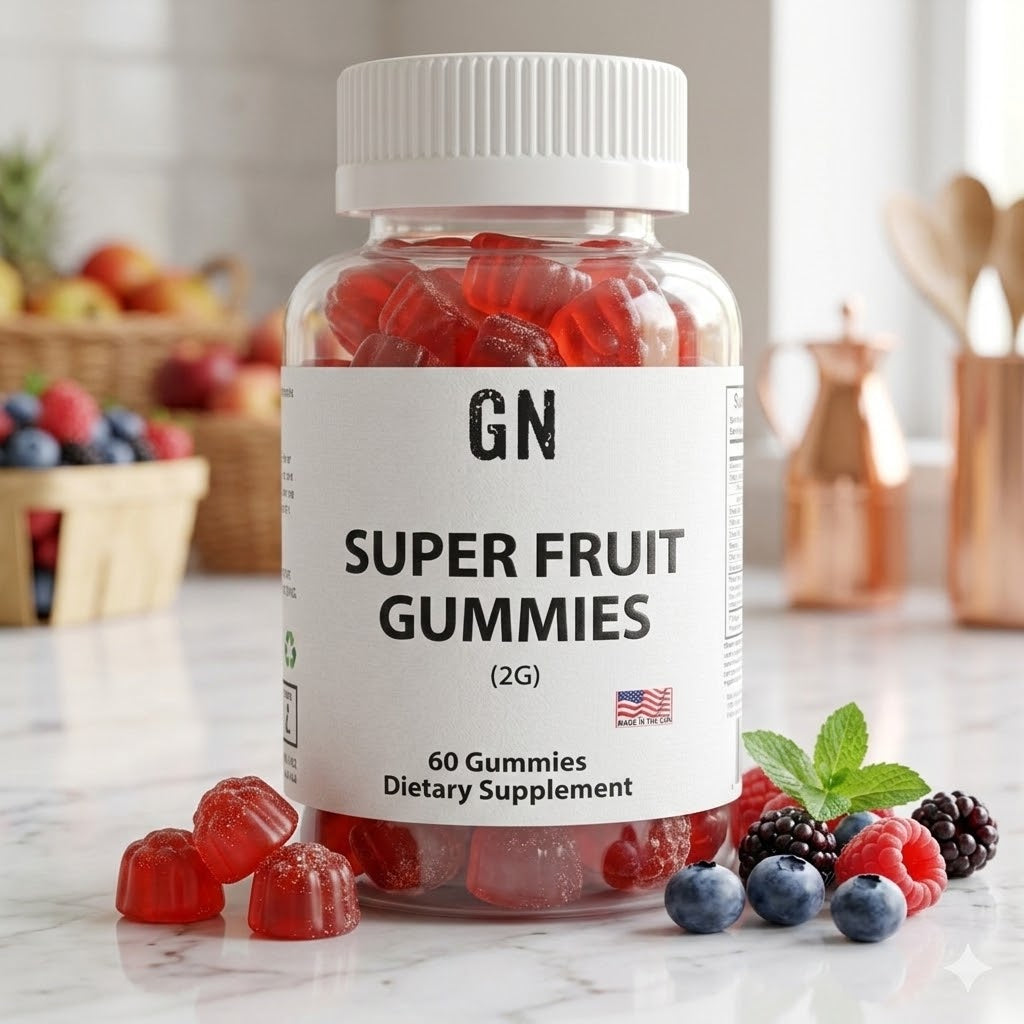 Bottle of GN Super Fruit Gummies on a marble countertop with fruits in the background