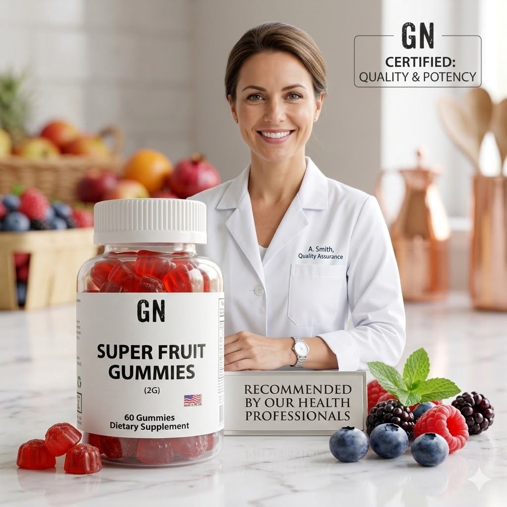 Woman in a white coat holding a container of GN Super Fruit Gummies with fruits in the background.