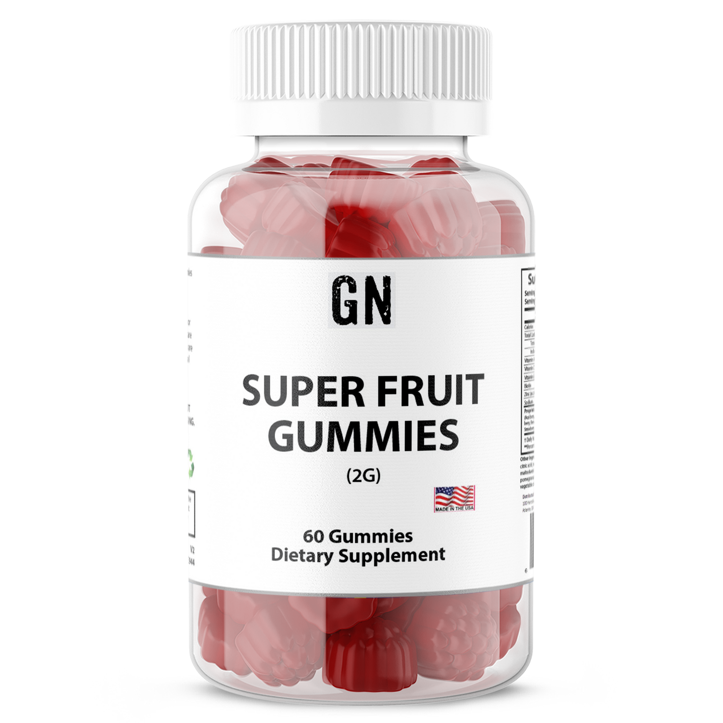 Bottle of GN Super Fruit Gummies on a white background