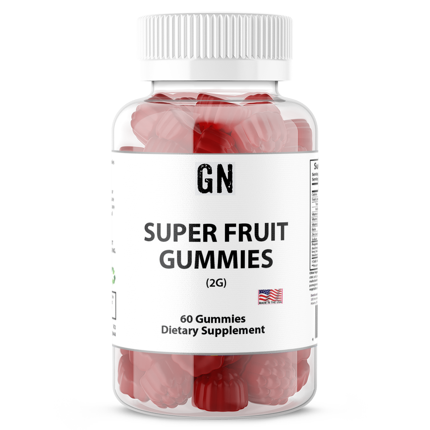 Bottle of GN Super Fruit Gummies on a white background