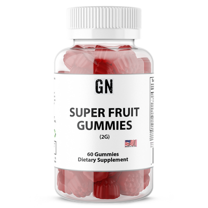 Bottle of GN Super Fruit Gummies on a white background