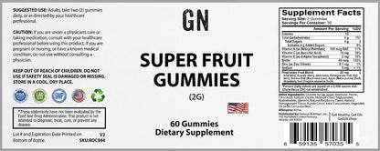 Supplement label for Super Fruit Gummies with ingredient list and supplement facts.