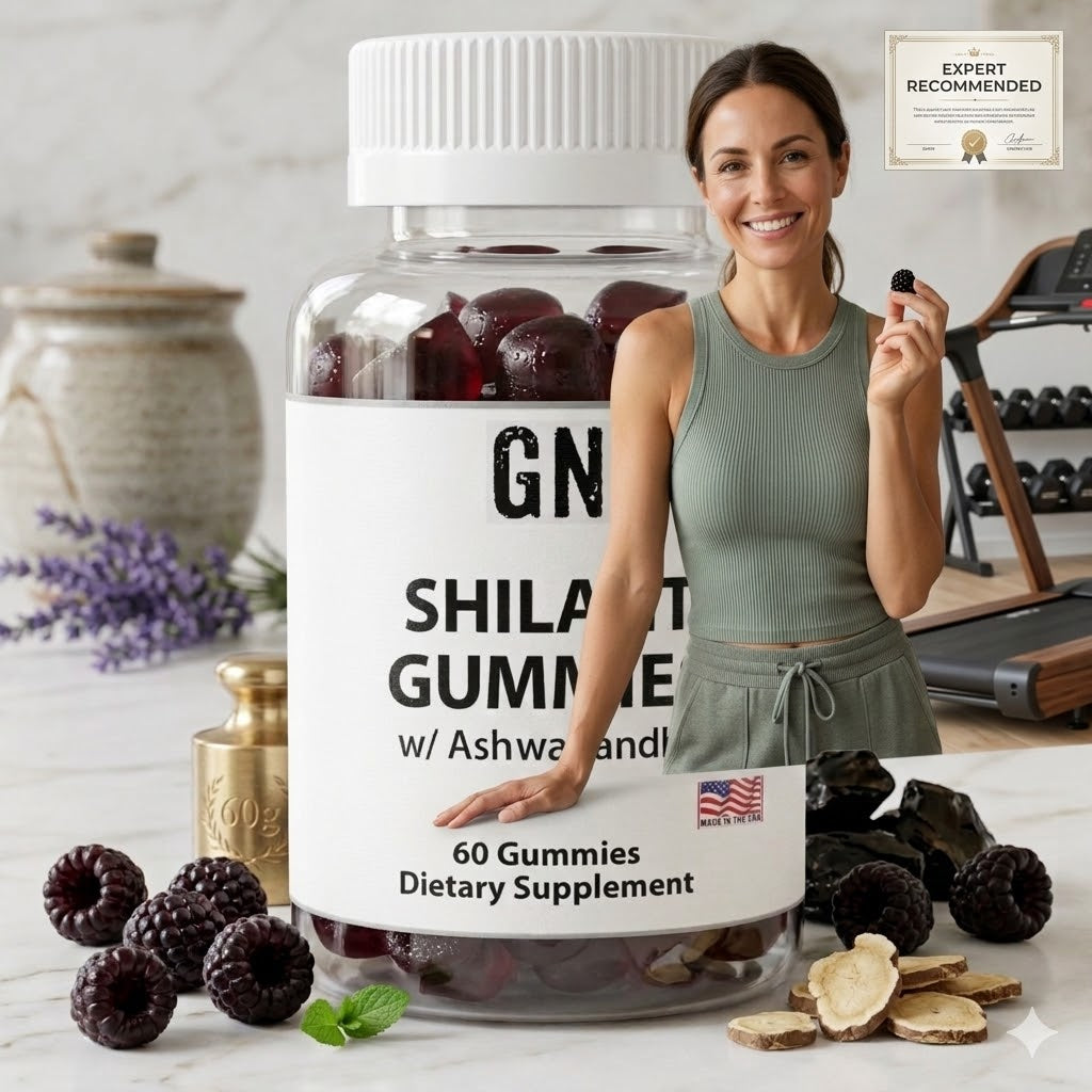Woman holding a bottle of GNC Shilajit Gummies with ingredients on a table.