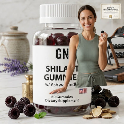 Woman holding a bottle of GNC Shilajit Gummies with ingredients on a table.