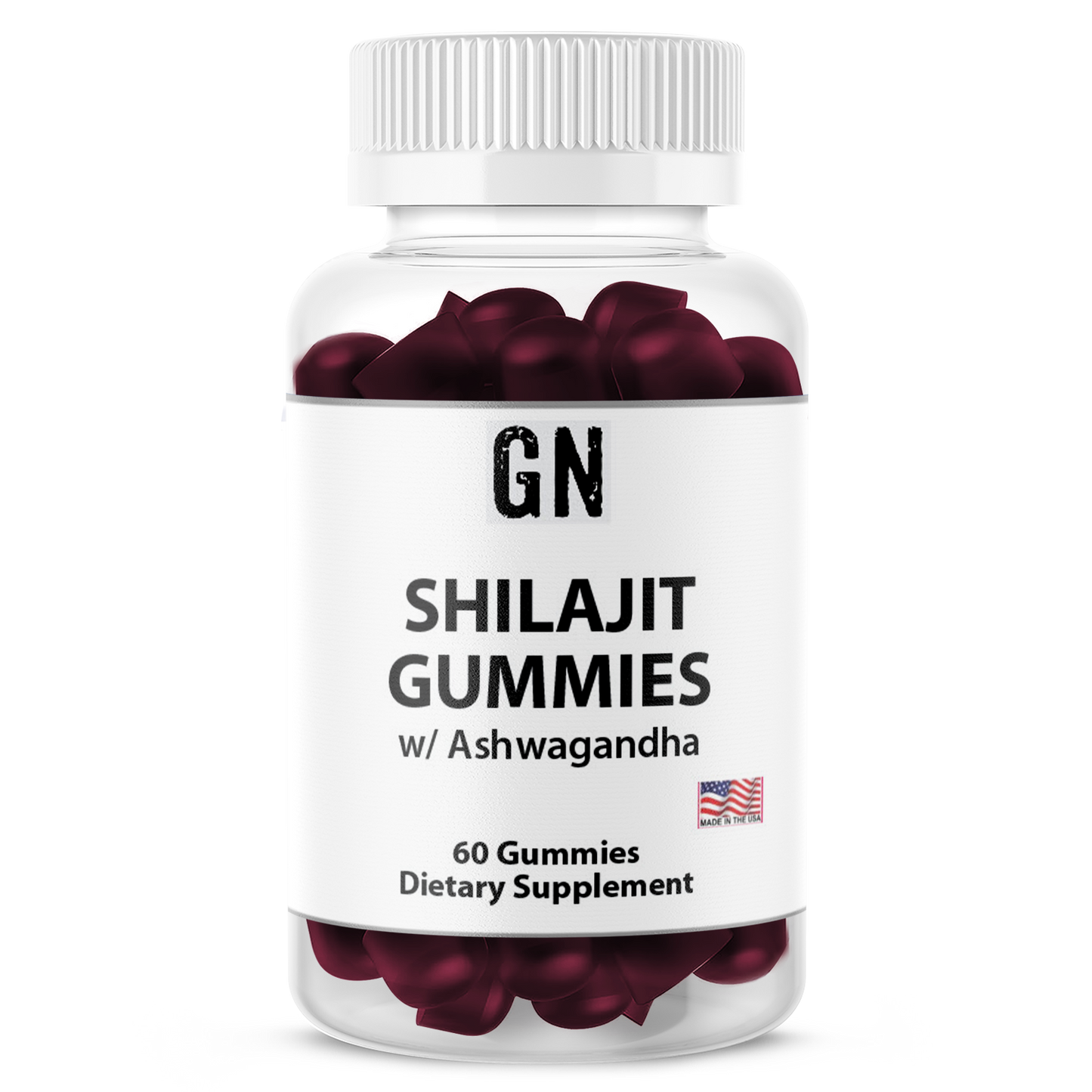 Bottle of GN Shilajit Gummies with Ashwagandha on a white background