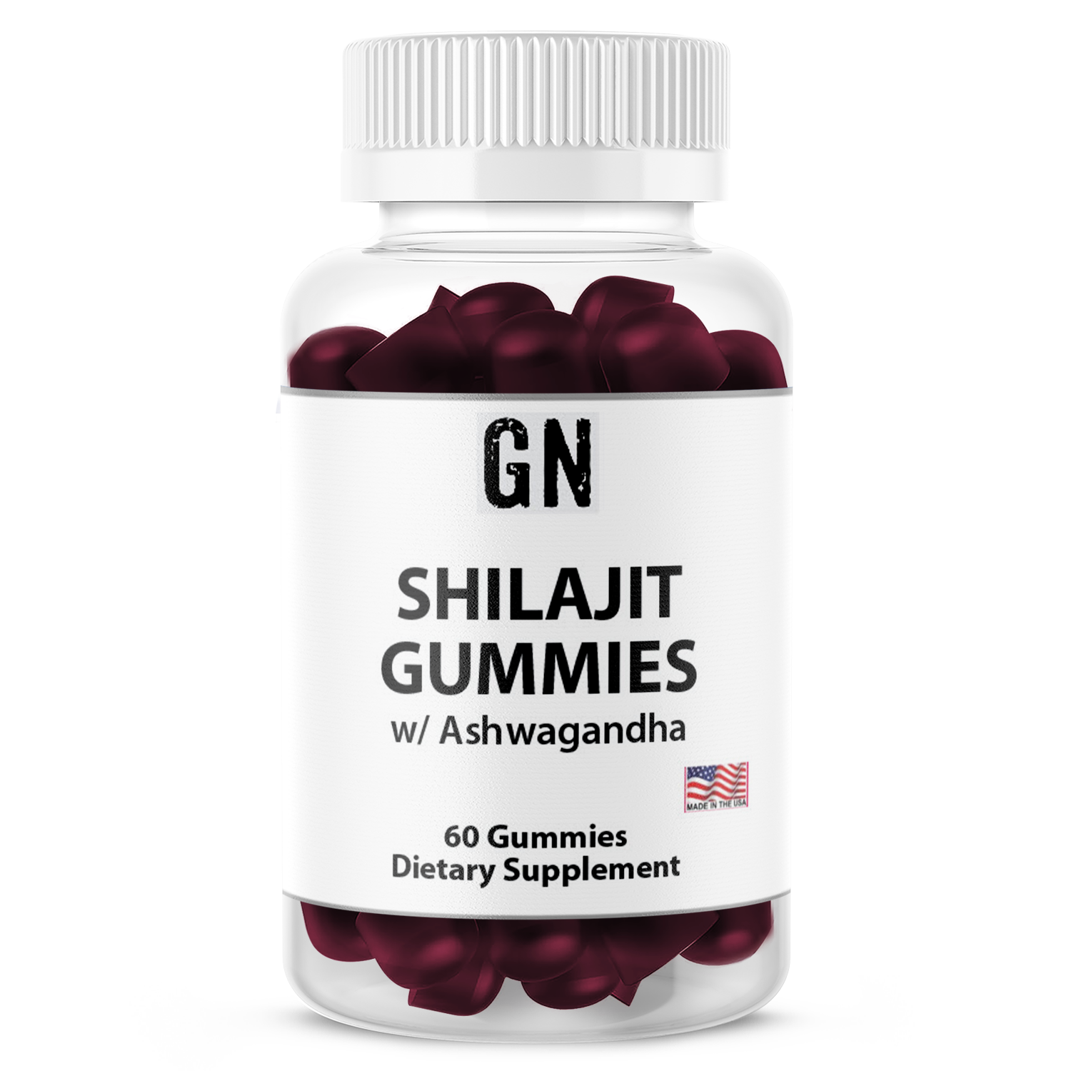 Bottle of GN Shilajit Gummies with Ashwagandha on a white background
