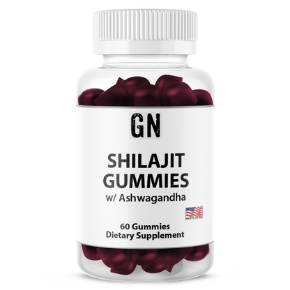 Bottle of GN Shilajit Gummies with Ashwagandha on a white background