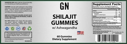 Supplement label for Shilajit Gummies with Ashwagandha on a black background