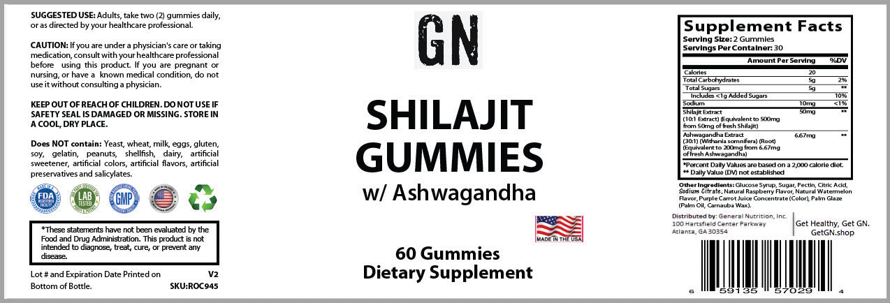 Supplement label for Shilajit Gummies with Ashwagandha on a white background