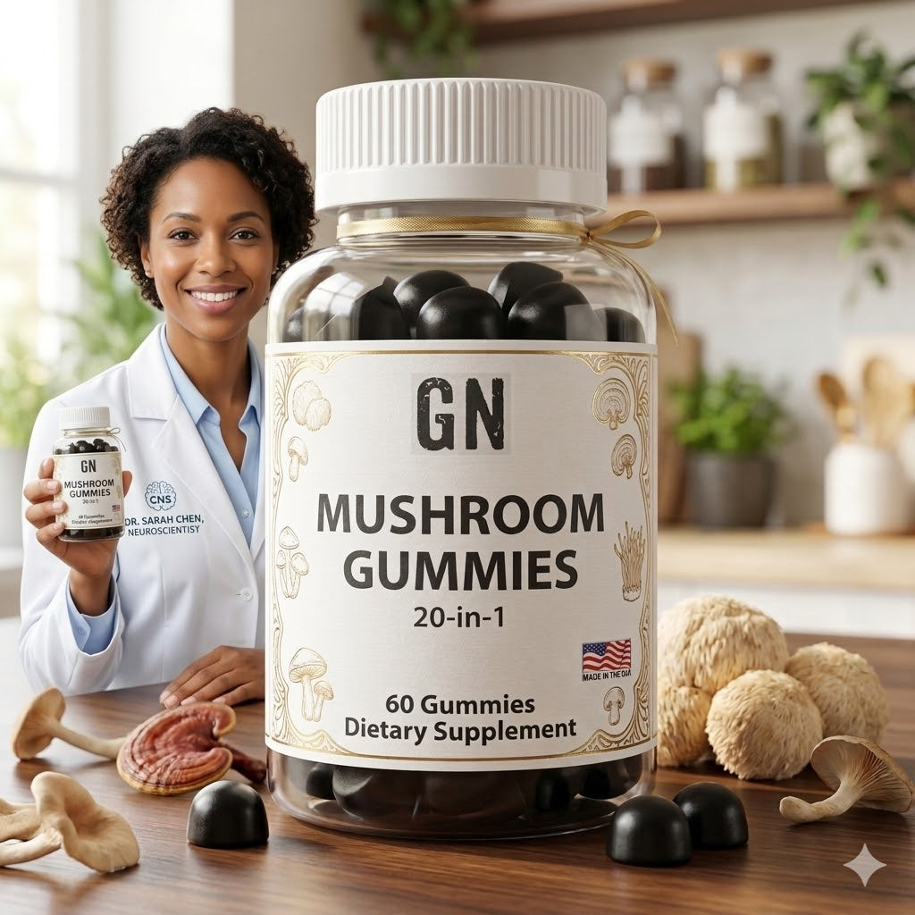 Bottle of GN Mushroom Gummies with a person holding a smaller container in a kitchen setting.