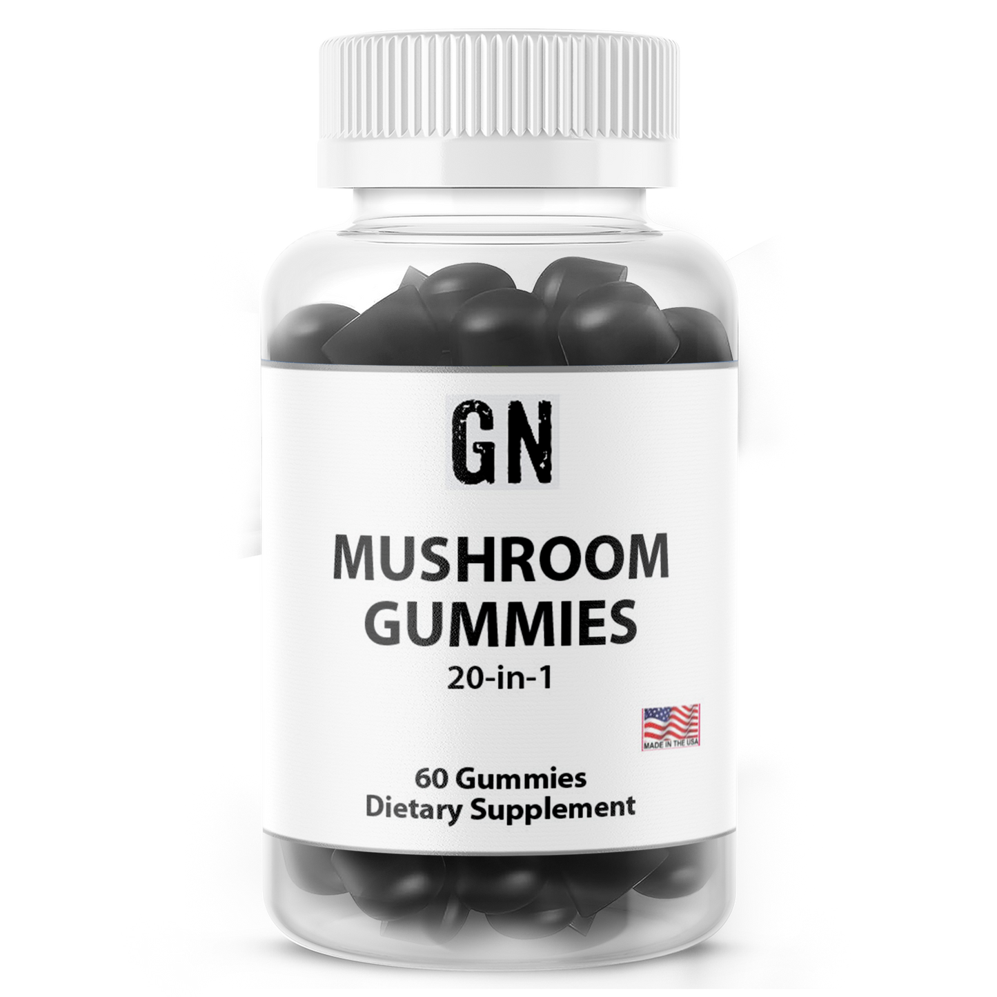 Bottle of GN Mushroom Gummies on a white background