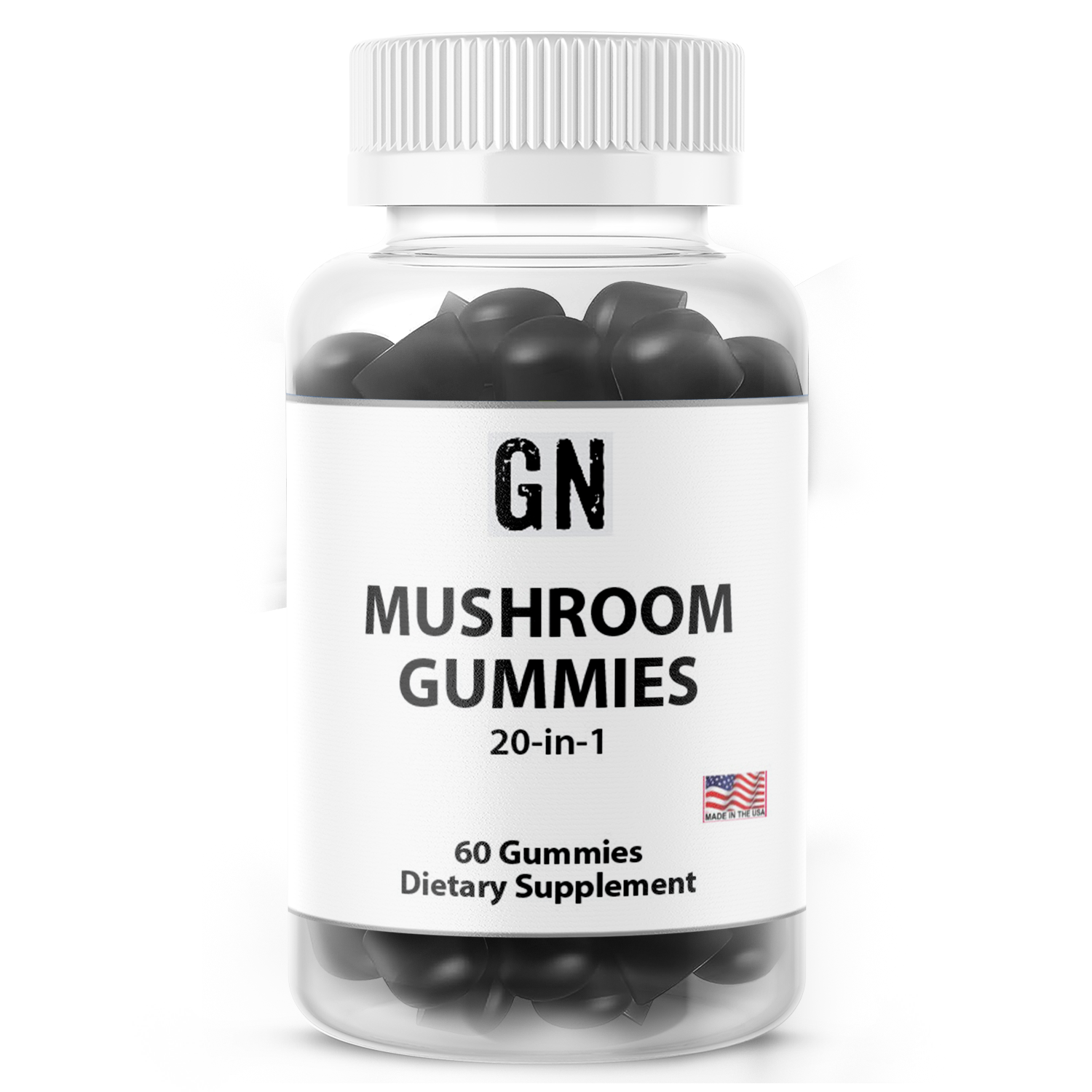 Bottle of GN Mushroom Gummies on a white background