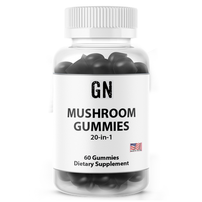 Bottle of GN Mushroom Gummies on a white background