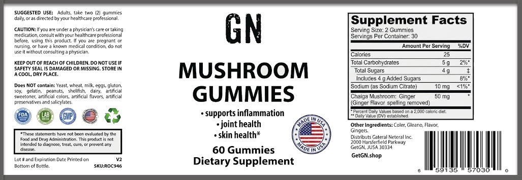 Mushroom Gummies Supplement Label Dietary Supplement