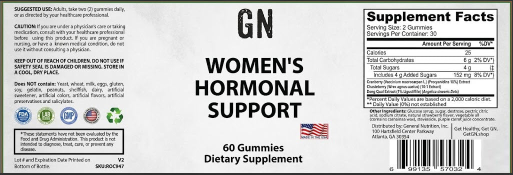 Supplement label for 'Women's Hormonal Support' gummies with supplement facts and branding details.