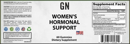 Supplement label for 'Women's Hormonal Support' gummies with supplement facts and branding details.