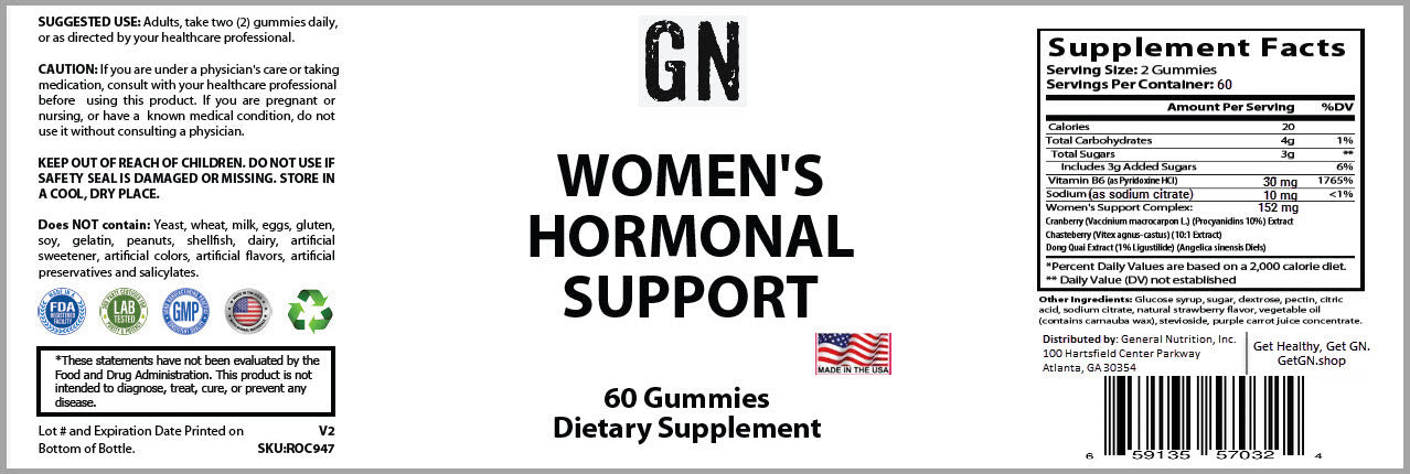 Supplement label for 'GN Women's Hormonal Support' gummies with text and graphics.