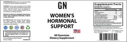 Supplement label for 'GN Women's Hormonal Support' gummies with text and graphics.