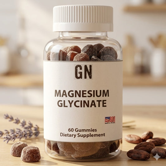 Bottle of magnesium glycinate gummies with a blurred background