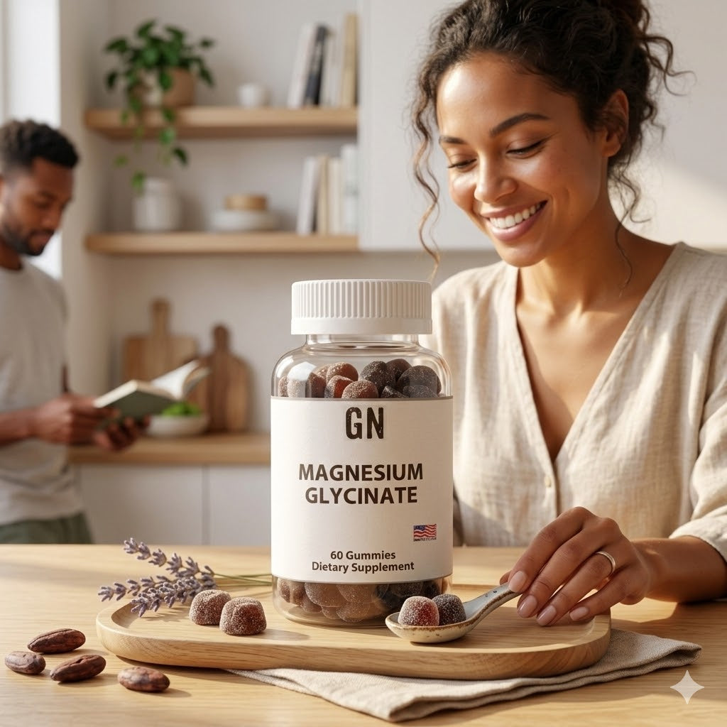 Woman holding a bottle of GN Magnesium Glycinate gummies in a kitchen setting.