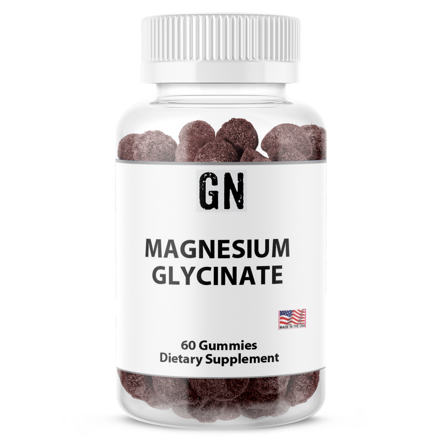 Bottle of magnesium glycinate gummies with a white label on a white background