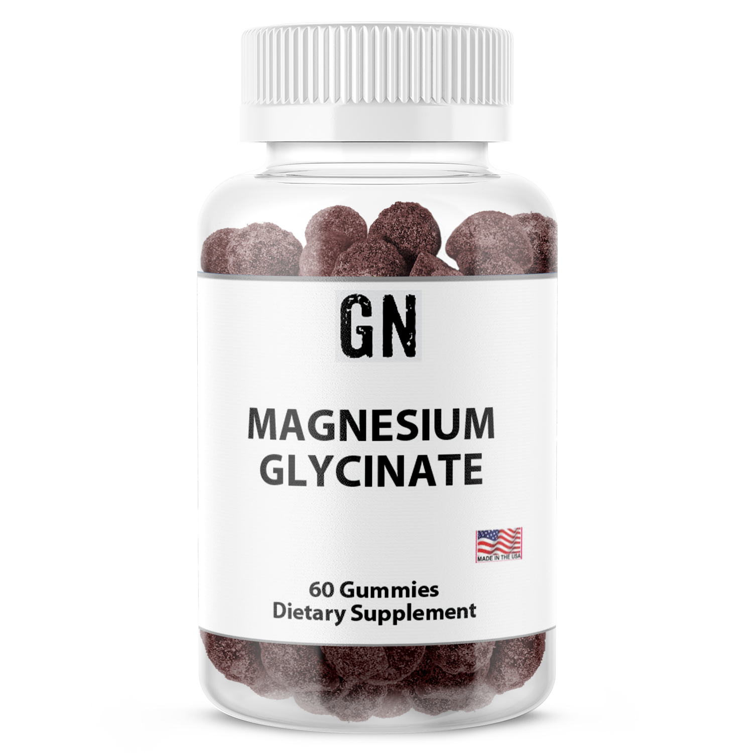 Bottle of magnesium glycinate gummies with a white label on a white background