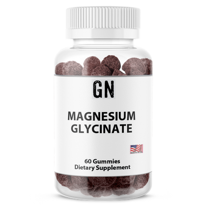 Bottle of magnesium glycinate gummies with a white label on a white background