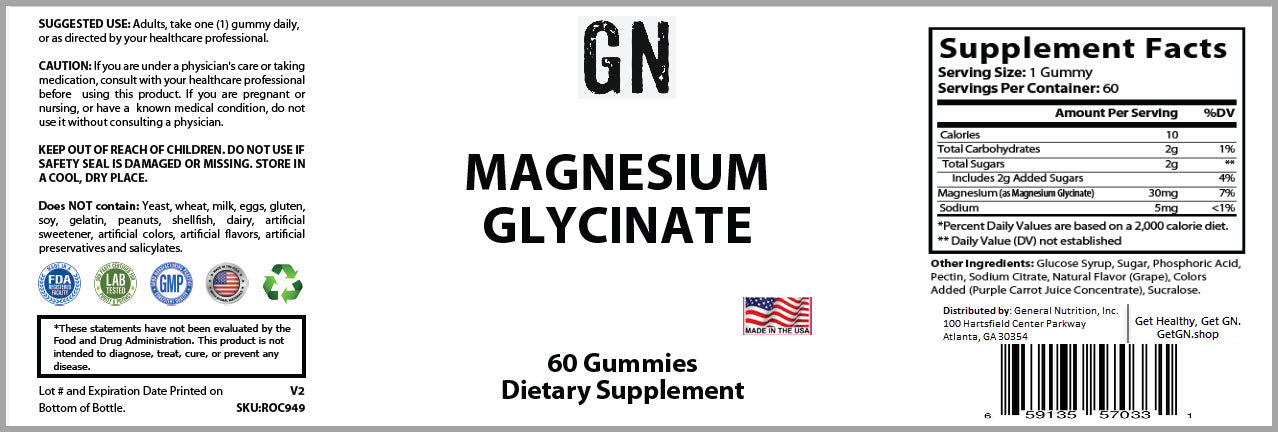 Supplement label for Magnesium Glycinate gummies with supplement facts and branding details.