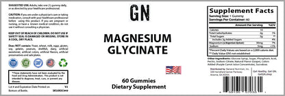 Supplement label for Magnesium Glycinate gummies with supplement facts and branding details.