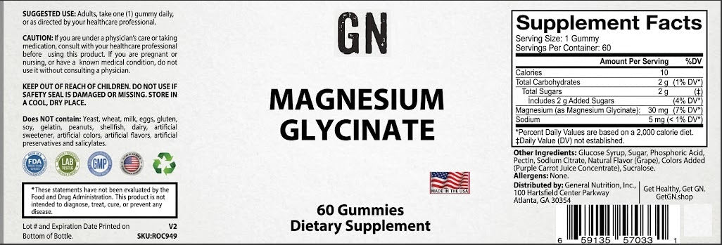 Supplement label for Magnesium Glycinate gummies with ingredient list and supplement facts.