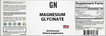 Supplement label for Magnesium Glycinate gummies with ingredient list and supplement facts.