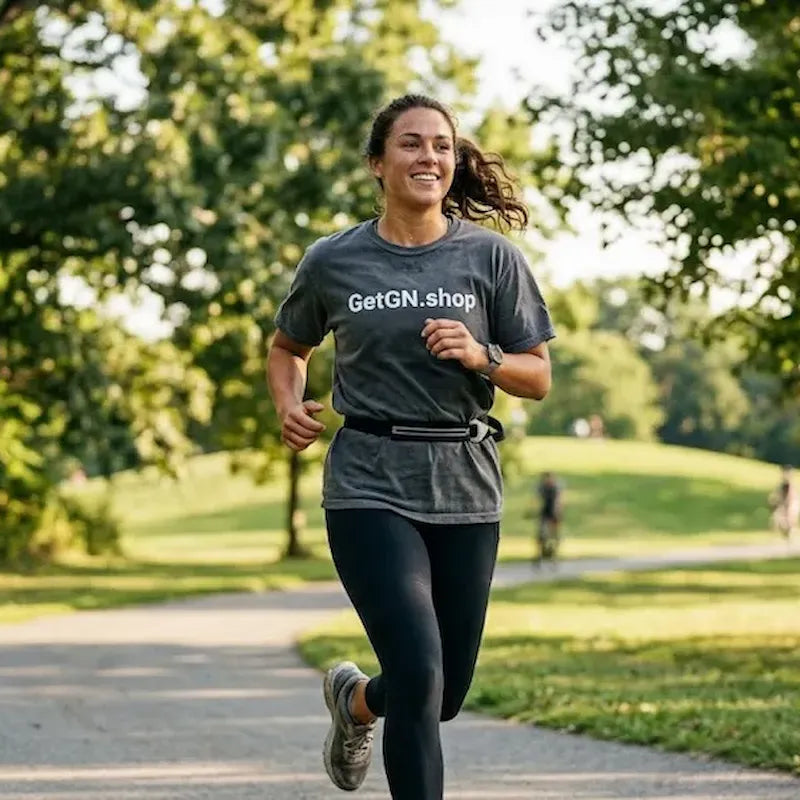 female running wearing a getgn.shop t-shirt 