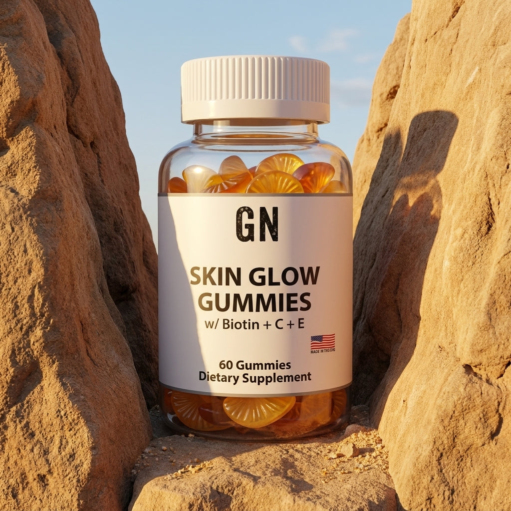 SKIN GLOW GUMMIES - w/ Biotin + C + E– 99.5% Purity | GetGN | Use the selected product image as the exact product identity and material reference, not as a composition to copy.