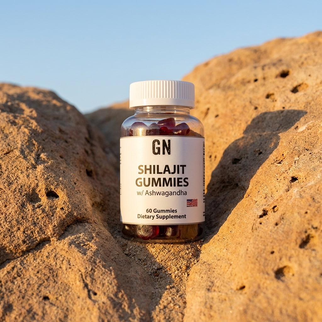 Shilajit + Ashwagandha Gummies – 99.5% Purity | GetGN | Use the selected product image as the exact product identity and material reference, not as a composition to copy.