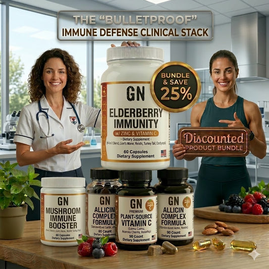 Two women holding a large supplement container labeled 'GN Elderberry Immunity' in a kitchen setting.
