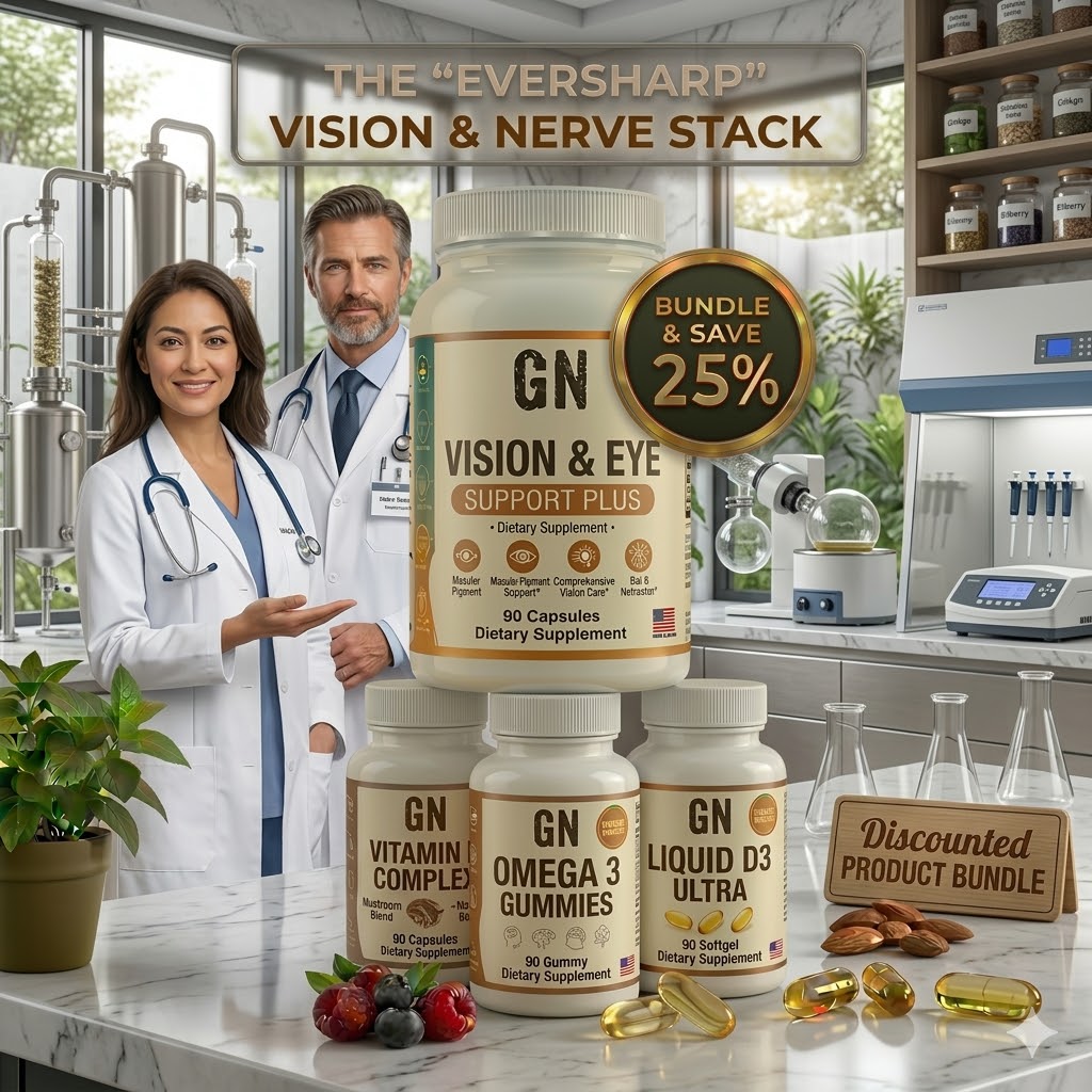 Supplement products with a doctor and nurse in a laboratory setting, promoting 'Eversharp' vision and nerve support stack.