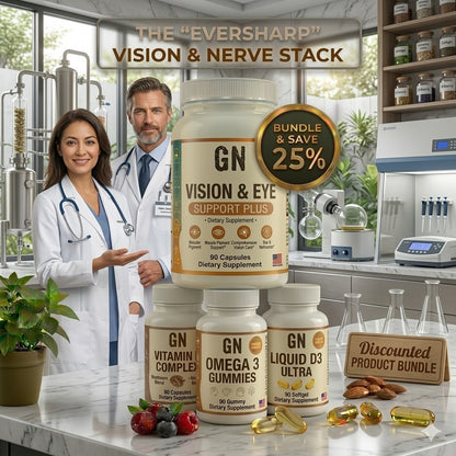 Supplement products with a doctor and nurse in a laboratory setting, promoting 'Eversharp' vision and nerve support stack.