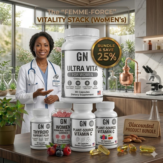 Supplement products with a woman in a lab coat in a kitchen setting