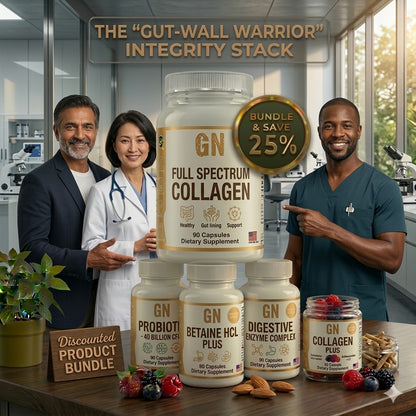 Three people in a laboratory setting with GN supplement products displayed.