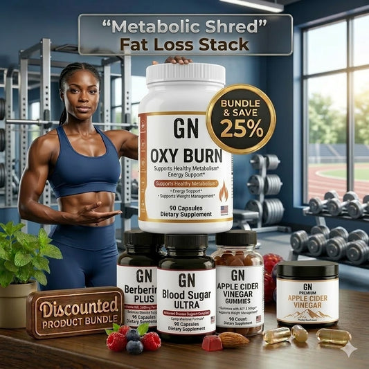Woman holding a supplement bottle with various GN supplements on a table in a gym setting