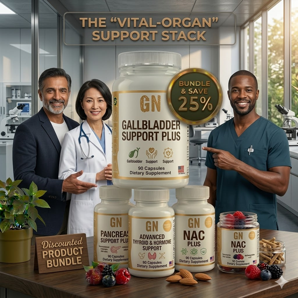 Three people in a laboratory setting with GN supplement products displayed.
