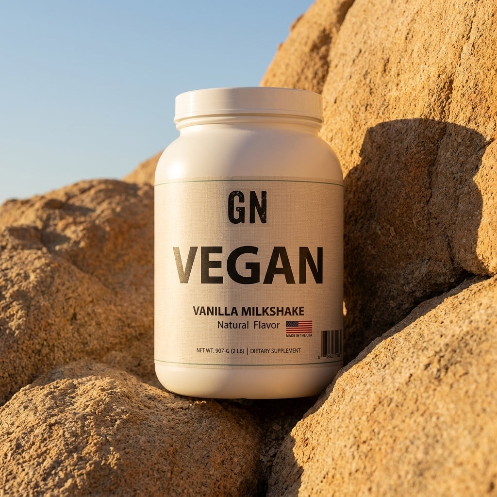 Vegan Protein 2lb Vanilla Milkshake – 99.5% Purity | COA | GetGN | Use the selected product image as the exact product identity and material reference, not as a composition to copy.