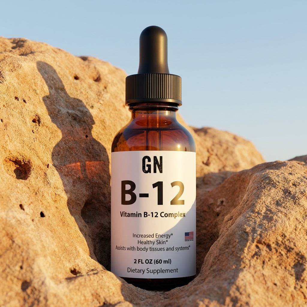 Vitamin B-12 Liquid Drops 2oz – 99.5% Purity | GetGN | Use the selected product image as the exact product identity and material reference, not as a composition to copy.