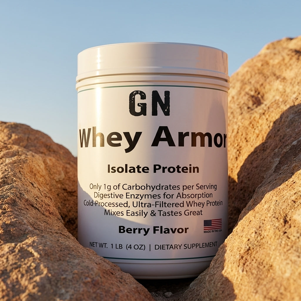 WHEY ARMOR Isolate Protein - 1lb Berry Flavor – 99.6% Purity | GetGN | Use the selected product image as the exact product identity and material reference, not as a composition to copy.