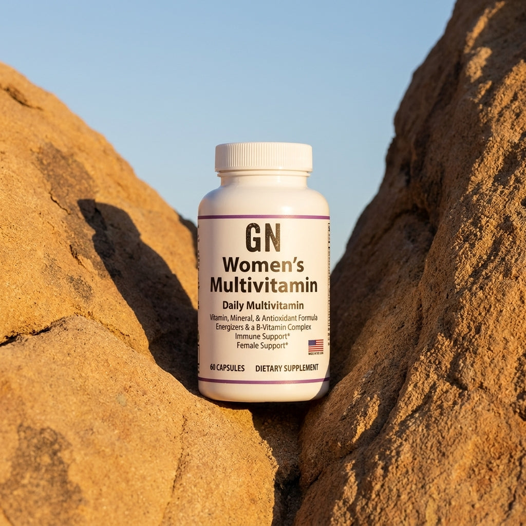 WOMEN'S MULTIVITAMIN – 99.5% Purity | COA-Verified | GetGN | Use the selected product image as the exact product identity and material reference, not as a composition to copy.