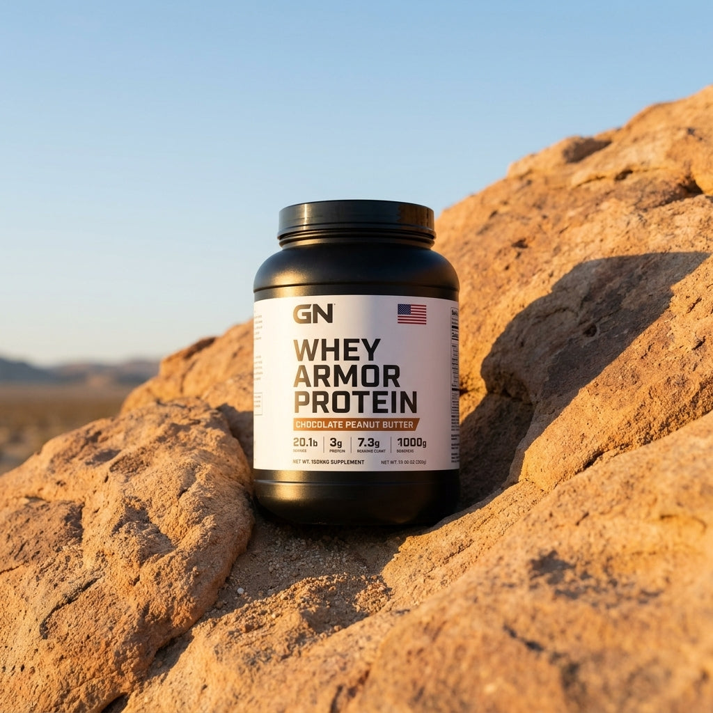Whey Armor 2lb Chocolate Peanut Butter – 99.5% | GetGN | Use the selected product image as the exact product identity and material reference, not as a composition to copy.