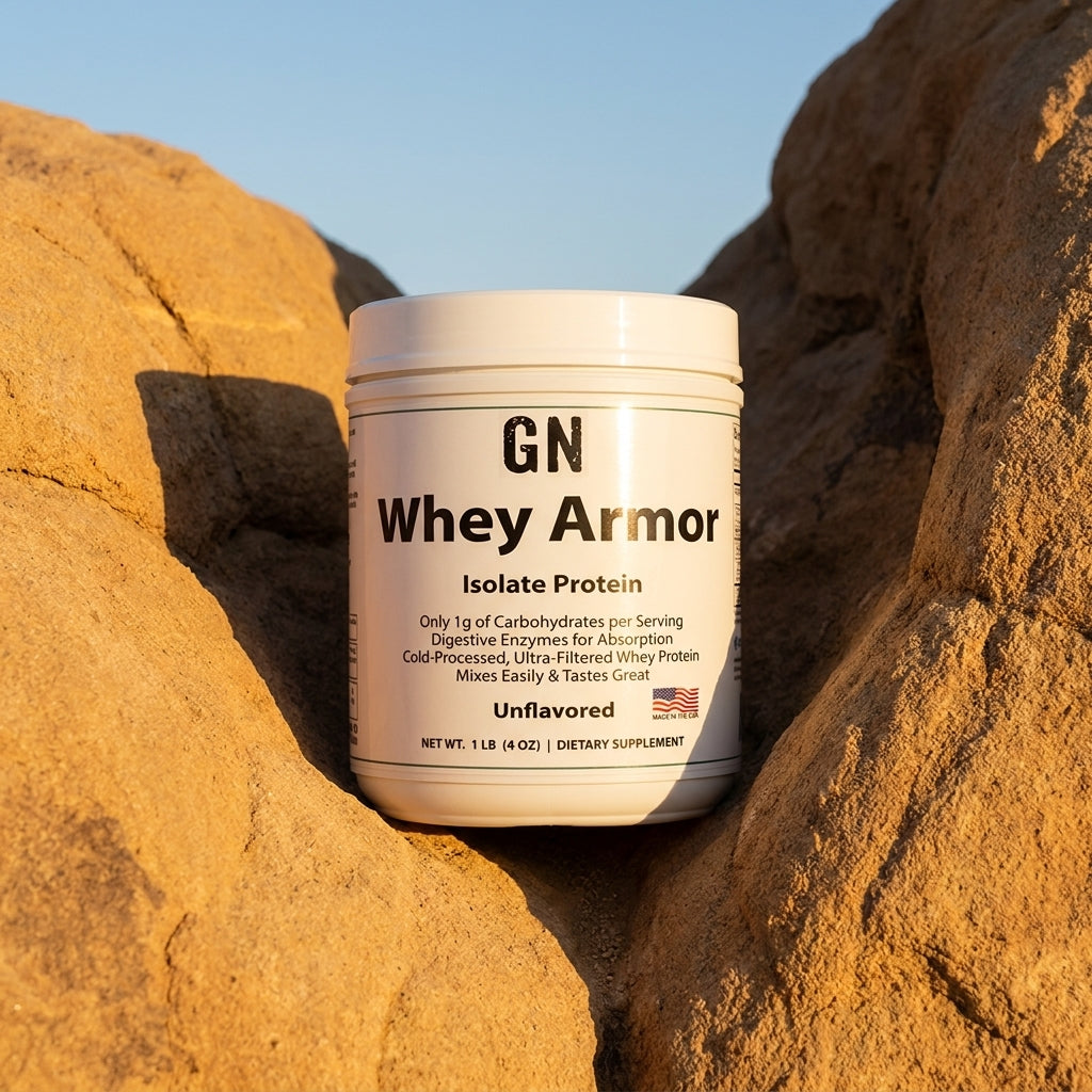 Whey Armor Isolate 1lb Unflavored – 99.6% Purity | GetGN | Use the selected product image as the exact product identity and material reference, not as a composition to copy.