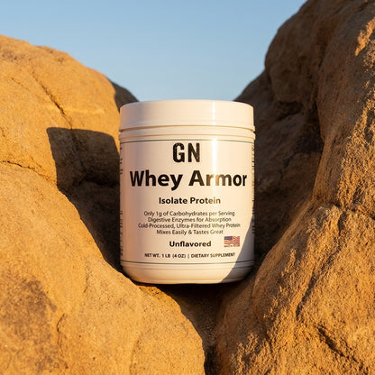 Whey Armor Isolate 1lb Unflavored – 99.6% Purity | GetGN | Use the selected product image as the exact product identity and material reference, not as a composition to copy.