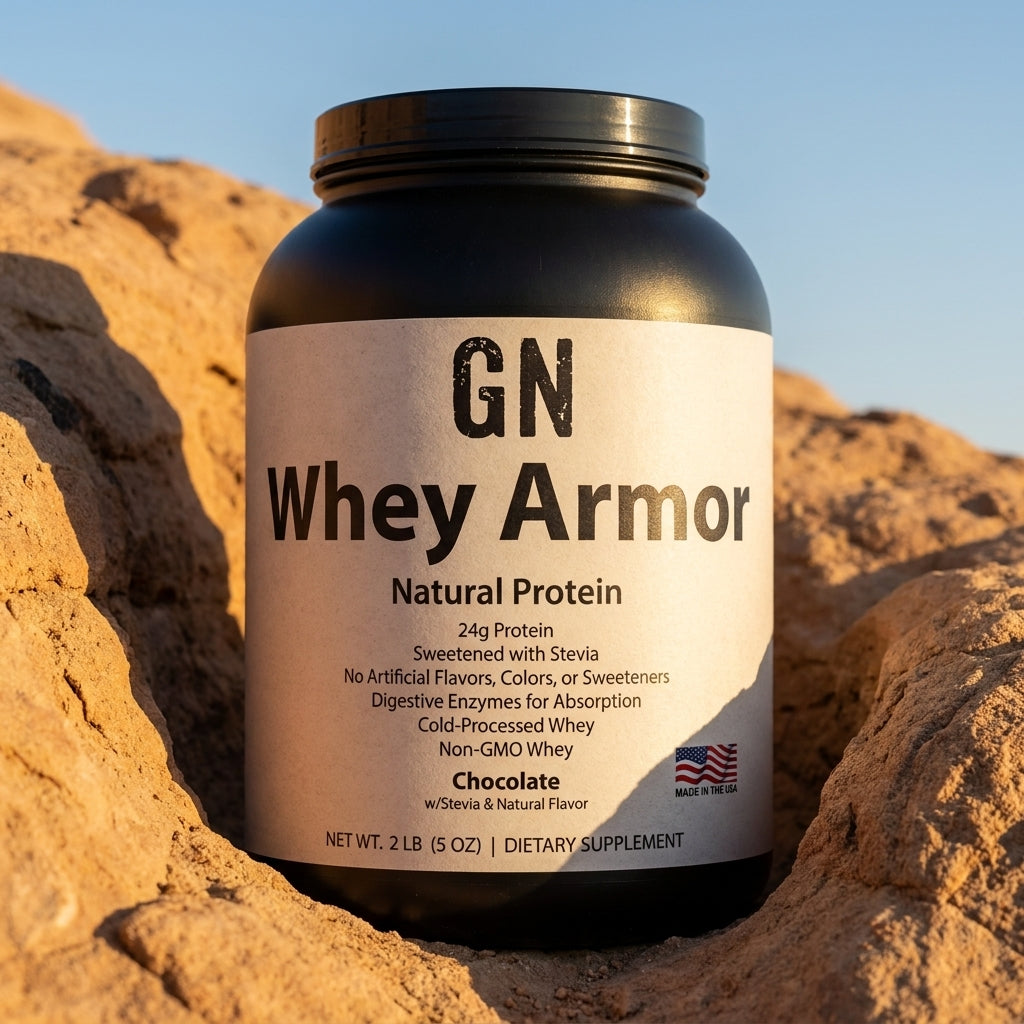 Whey Armor Natural Protein 2lb Chocolate – 99.5% Purity | GetGN | Use the selected product image as the exact product identity and material reference, not as a composition to copy.