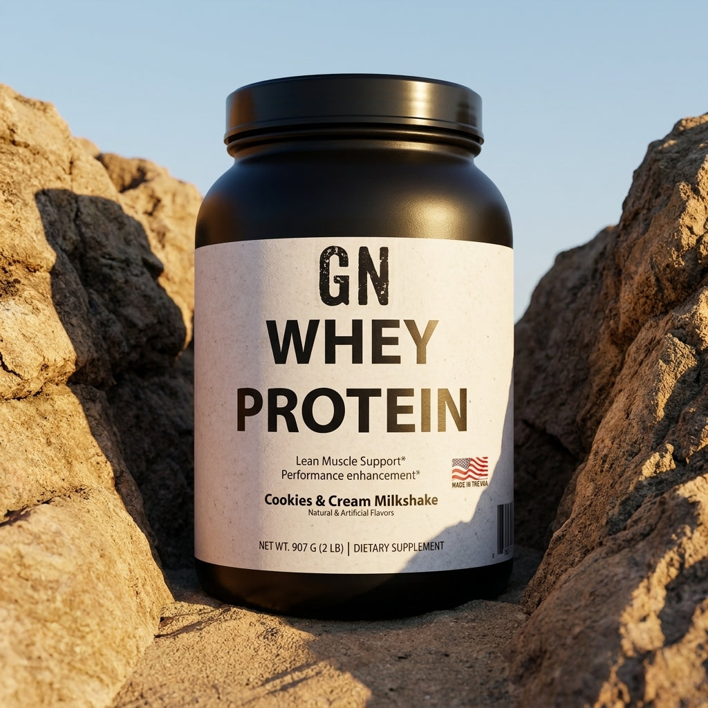 Whey Protein Premium 2lb Cookies & Cream Milkshake – 99.5% Purity | GetGN | Use the selected product image as the exact product identity and material reference, not as a composition to copy.